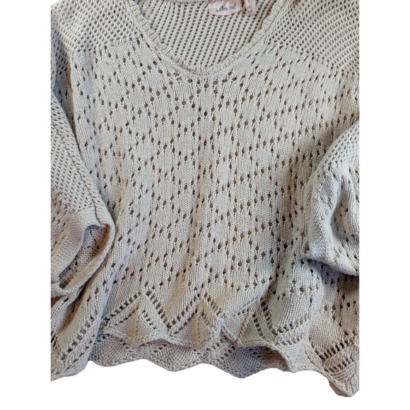 Willow & Root BUCKLE Sweater Women's L Beige Open Knit Cropped Scalloped Cotton - Picture 5 of 7
